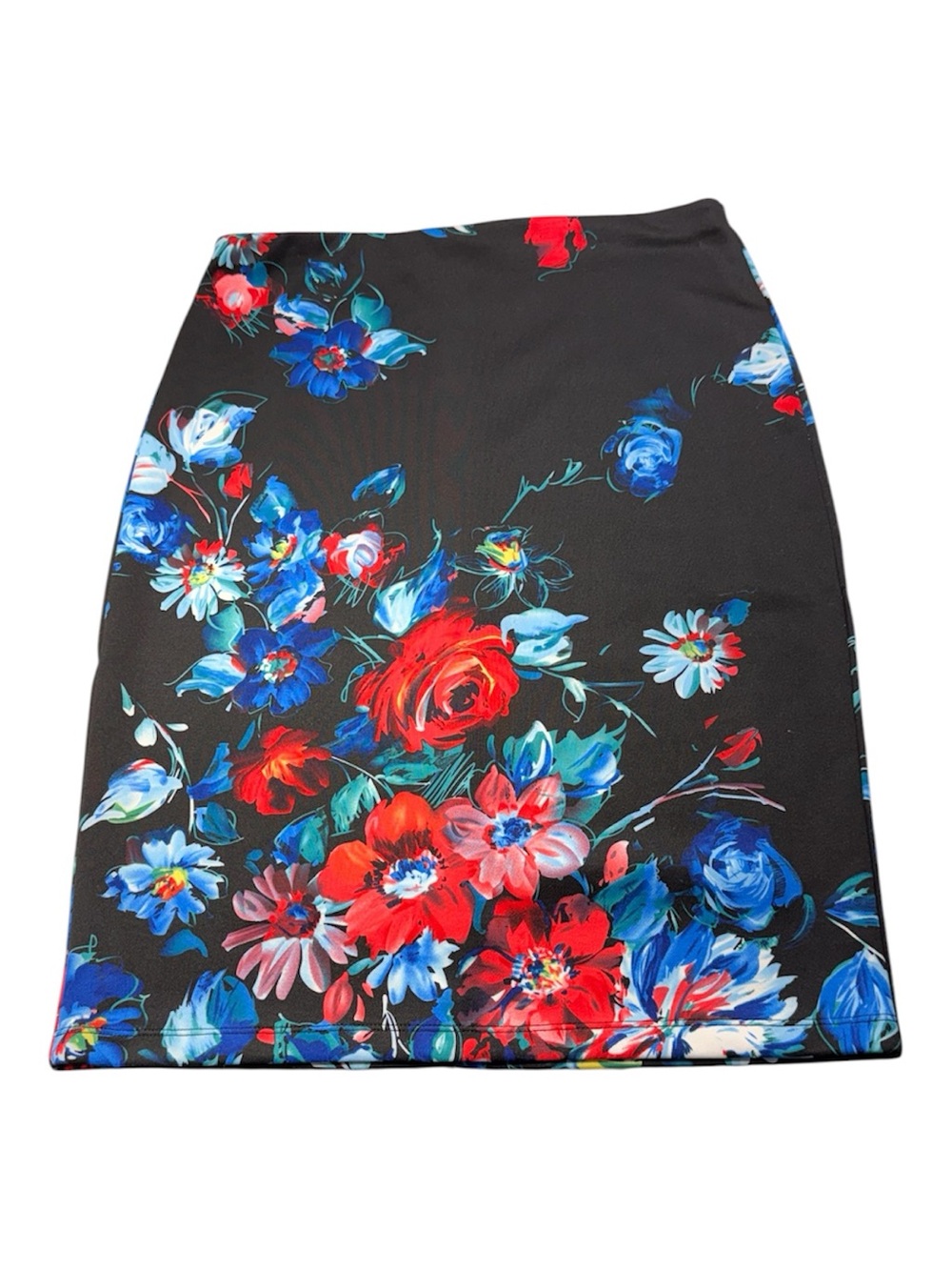Betsey Johnson Black Pencil Skirt with Red & Blue Floral Print